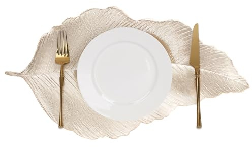 fanqaure Blattförmige Platzsets Set von 6 Elegante Gold PVC Metallic Polyvinyl Gepresst Abwaschbare Hitzebeständige Tischsets für Abendessen Versammlung Party Dekor