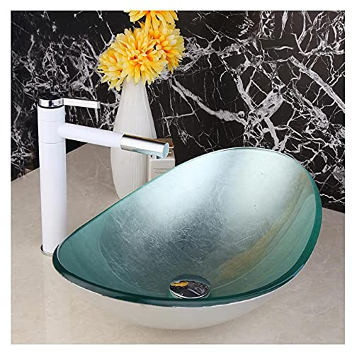 CWCQGH Lavandino del Bagno in Vetro temperato, lavabo da appoggio e Rubinetto, lavabo da Bagno, lavabo a Ciotola, lavabo da lavabo, 22×8,8×5,3