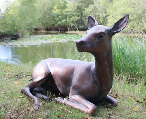 Inspirational Gifting 70cm long Doe Deer Laying Garden Sculpture Ornament in Hand cast Aluminium with Bronze effect finish