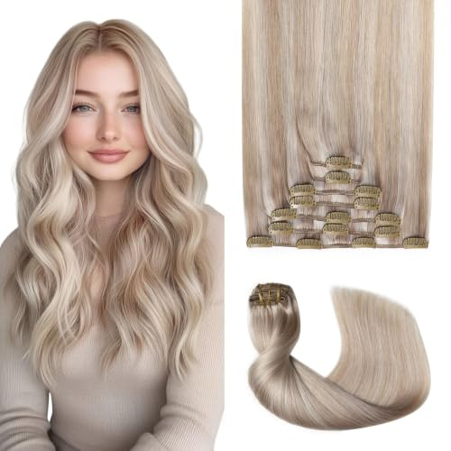 Sweetmet Pro2.0 Clip in Extensions Echthaar Menschenhaar 120g Dick 7 Stück | 50cm Farbe #18p1000 Aschblond Highlight Gebleichtes Blond Remy Extensions Echthaar Clip in (#18p1000-50cm)