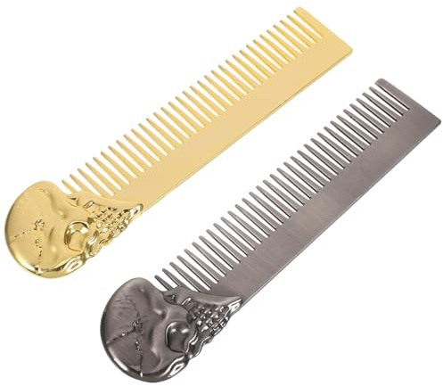 NIYANGLE 2 Stück Pack Herren Metallhaarkamm Totenkopf Design Kompakter Doppelseitiger Schnurrbart und Bartkamm aus Zinklegierung Feine Metallzinken für Präzises Styling Unterwegs