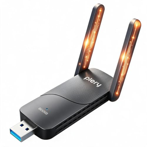 PLERY BE6500 WiFi USB Largo Alcance, 2 * 6 dBi Adaptador WiFi 7 USB para PC | Tri-Banda 6G/5G/2,4G| USB 3.0 | 2 Antenas de Alta Ganancia | WPA3 | OFDMA | Compatible con Windows 11/10