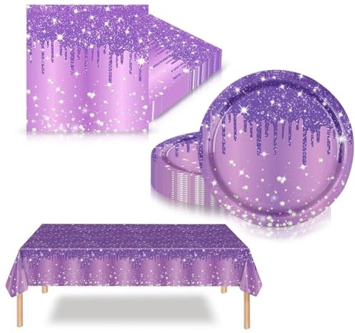 41Pcs Purple Diamond Party Tableware Set for Her Women Girls,Glitter Disposable Dinnerware with 20 Purple Paper Plates,20 Napkins,Plastic Table Cloth for Kpop Party, Women Girls Birthday,Wedding Decor