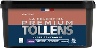 Tollens - Peinture Couleur - Murs, Boiseries & Radiateurs - La Sélection Premium - Pièces sèches et humides - Ultra couvrante - Ultra résistante - Ecolabel - Velours - ROUGE BRIQUE - 2L5 = 30m²