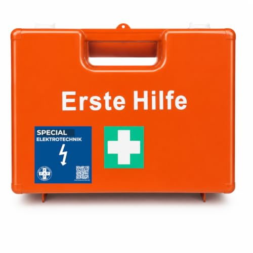 FAP Erste-Hilfe-Koffer Elektrotechnik DIN 13157 gefüllt - Orange | Beatmungstuch & Augenspülung | Elektriker Elektro Betrieb ABS Kunststoff, Betriebsverbandkasten Wandhalterung -33×42×15 cm