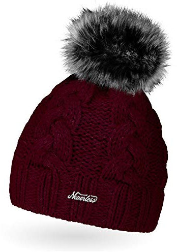 Neverless Damen Strick-Mütze gefüttert mit Kunstfell-Bommel, Winter-Mütze, Bommelmütze, rot Unisize