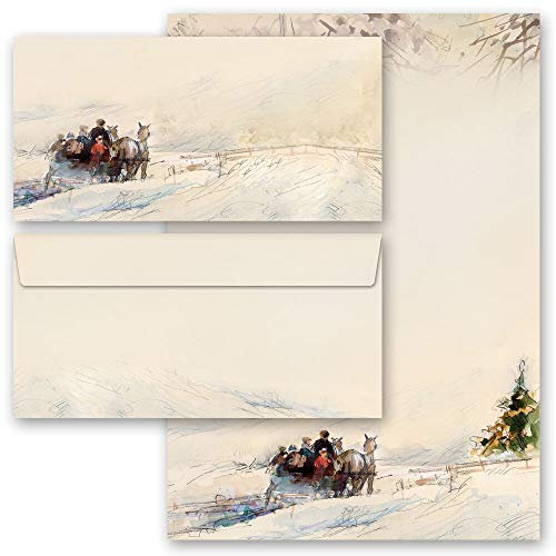 Briefpapier Set, 40 tlg. Wintermotiv, KUTSCHE IM WALD Variante A Jahreszeiten - Winter 20 Blatt Briefpapier + 20 passende Briefumschläge DIN LANG ohne Fenster | Paper-Media