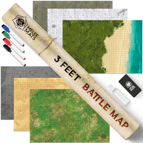 Melee Mats DND Map Starter Kit for Dungeons & Dragons Game - 24” x 36 3 Pack Double Sided, Wet/Dry Erase Battle Terrain Grid - Ultimate Tabletop Board Gaming Experience with Accessories
