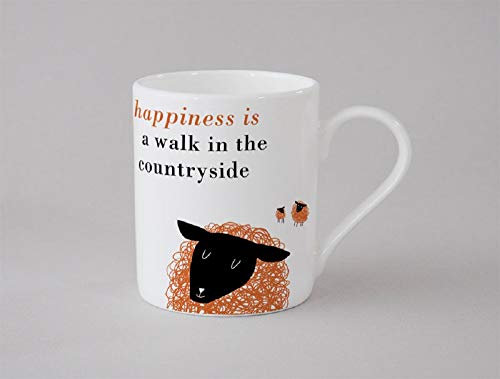 Happiness is a Walk in The Countryside Sheep Kleine moderne Tasse aus feinem Porzellan, Orange – Stoke on Trent, England