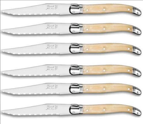 Lot de 6 Couteaux Laguiole en polymère Couleur façon Corne Blonde résistant au Lave Vaisselle Fabrication française Thiers Jean Néron Lame crantée