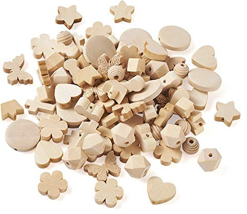 PandaHall Naturholzperlen-Anhänger, 10 Stile, unlackierte lose Holzperlen, Abstandshalter für DIY-Schmuckherstellung, Loch: 1,5–3 mm, 100 Stück