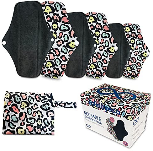 Infinityeco Mixed Size Reusable Sanitary Pads 6 Pack, High Absorbancy Menstrual Towels with Wash Bag and Wet Bag