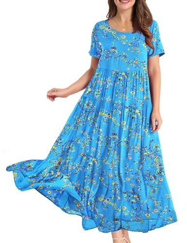 YESNO Women Dresses Casual Plus Size Bohemian Short Sleeve Floral Long Maxi Summer Beach Swing Dress/Pockets 3XL EJFUK CR44