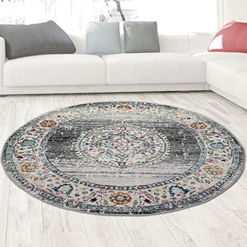 CARPETIA Teppich Outdoor Orientteppich Wohnzimmerteppich Ornamente in grau Größe 200 cm Rund