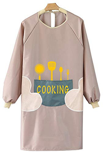 yeesn Long Sleeves Pockets Apron for Adults Artist Apron Kitchen Chef Smock for Cooking Gardening (Pink, Waterproof)