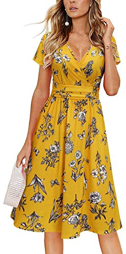 Newshows Summer Dresses for Women UK Short Sleeve V-Neck Faux Wrap Casual Hawaiian Midi Sundress with Pockets(Floral 15,S)