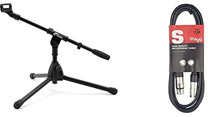 TIGER MCA49-BK Low Level Floor and Desktop Boom Microphone Stand Bass Drum, Guitar Cab, Mic Stand & Stagg SMC3 3m XLR to XLR Plug Microphone Cable, Black