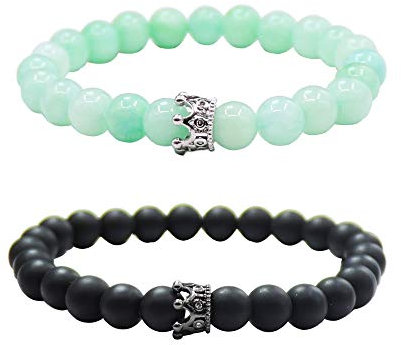 UEUC Armband mit CZ Kronen König und Königin schwarz Matte und weiß Howlite 8 mm Beads Armband(#67)