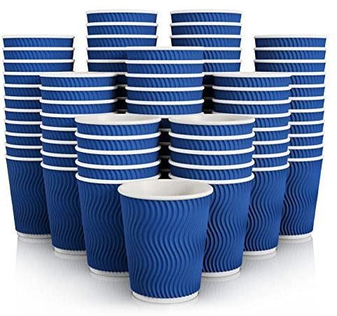 JollyPack 120 Pack 8 oz Paper Coffee Cups, Blue Disposable Beverage Cups with Insulated Ripple Wall for Coffee, Tea, and Hot Chocolate
