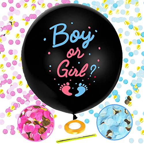 HCRXVV Gender Reveal Party Ballon 36 Zoll Boy or Girl Konfettikanone xxl Schwarz Ballon Mit Rosa und Blauem Konfetti für Geschlecht Verkünden Party Baby Baby Shower Deko