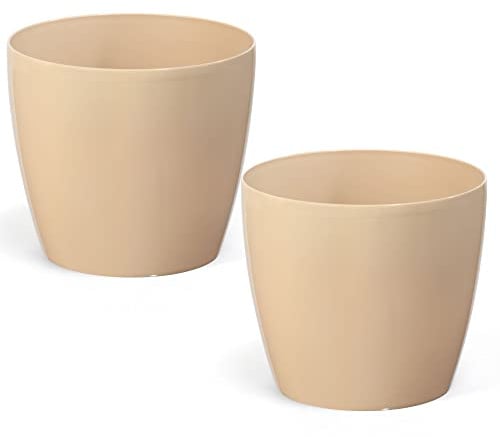 PECZEKO Glänzende Blumentöpfe - Deko Pflanztopf für Blumen & Kräuter - Langlebige & leichte runde Kunststoff-Pflanzentöpfe für Wohn- & Esszimmer, Küche, Balkon - 2er-Set - (Cappuccino, ø 13 cm)