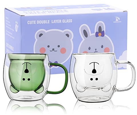 SHENDONG Süße Bärenbecher 2er Set Süße Tassen Bärentee Kaffeetasse 8,5 Unzen Milchtasse für persönlichen Geburtstag, Valentinstag und Büro (2er Pack, Weißer Bär) (Weiß-Grüner Bär 2er Set)