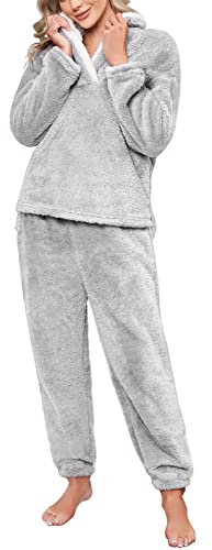 RITOSTA Pigiama Donna Invernale Felpato Pigiama Donna Invernale Caldo Pigiama Donna Invernale Pile Pigiama di Pile Morbido Pigiami Lungo Due Pezzi da Donna con Felpa e Pantalone(Grigio,L)