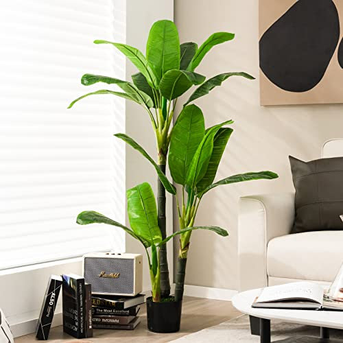 COSTWAY Artificial Banana Plant in Plastic Pot, Bird of Paradise Tree, Indoor Outdoor Greenery Fake Decorative Plants for Home Office Lobby Restaurant Garden（1, 150CM, 3 Trunks）