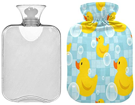 Gelbe Enten Wärmflasche 1L Seifenblasen Winter Wärmtasche Warme Wasserflasche Weicher Plüsch Bezug Handfüße Wärmer für Kinder Männer Frauen