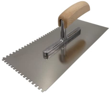 Zahnkelle aus Edelstahl mit Holzgriff Zahnspachtel Glättkelle Zahnscheibe Glättscheibe Traufel Spachtel (Zahnkelle 4x4 | 1 Stück)
