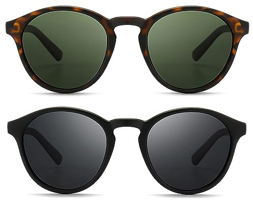 SUNGAIT Classic Vintage Round Polarized Sunglasses for Women Men Retro Style UV400(Amber Frame Green Lens+Black Frame Grey Lens) SGT166HPML-SHH