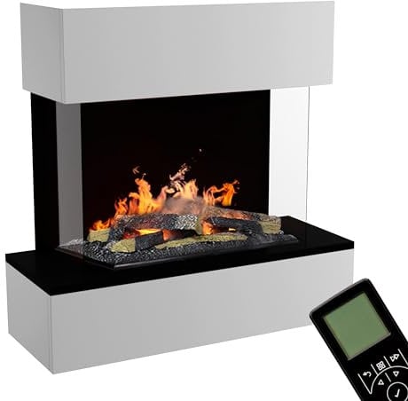 GLOW FIRE Wasserdampf Kamin HÖLDERLIN Sims (Wandkamin) - Elektrokamin für die Wand mit realistischen LED 3D-Flammen, Knistereffekt & Fernbedienung, 80x78x40 cm, Opti-Myst 600 mit Holz-Deko, Weiß