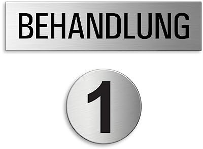 Schild Behandlung No.1 Praxisschilder-Set 160x40 mm + Ø 60 mm aus Edelstahl
