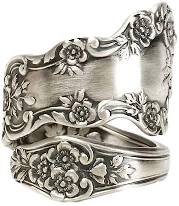 HshDUti 925 Sterling-Silver Oxidized Spoon Ring Adjustable Ring Jewelry Gifts for Women Vintage Victorian Style Antique-Flower Open Adjustable Ring Jewelry Gifts for Mom Grandma Antique Silver (B)