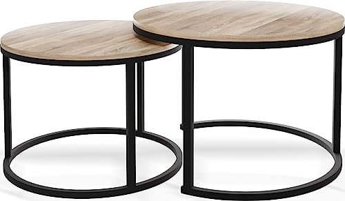 WFL GROUP Runde Satztische Couchtische - Loft Style Couchtische Metallbeine - 2 in 1 - Zwei Industrielle Getrennte Tische für Wohnzimmer - Eiche Sonoma