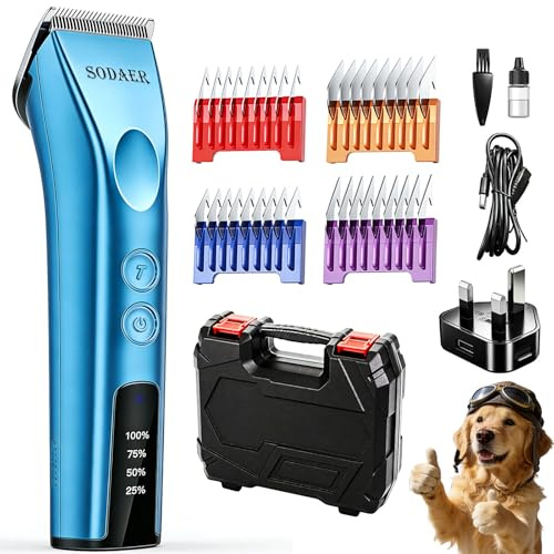 Professional Animal Dog and Horse Cordless Hair Clipper Grooming Kit | with 5 in 1 Blade Low Noise & High Power Rechargeable Cordless Pet Grooming Clipper for for Thick Heavy Coats (Blue)