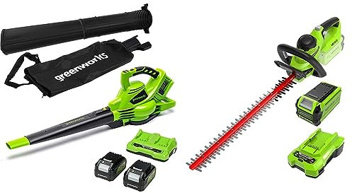 Greenworks G40HT61K2, Taille-Haie à Batterie, Lames Double Action 61 cm, Coupe jusqu'à 27 mm & 2x24V Aspirateur Souffleur sans Fil de Feuilles à Batterie Bandoulière