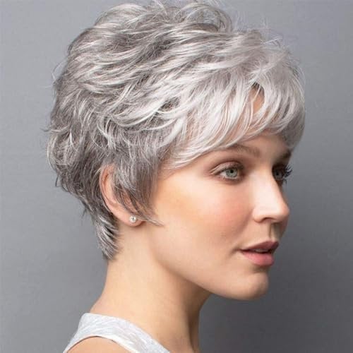 AUBWIG Graue Ombre Weiße Perücke Damen - Natürliche Flauschige Kurze Synthetische Perücke mit Pony für den täglichen Gebrauch