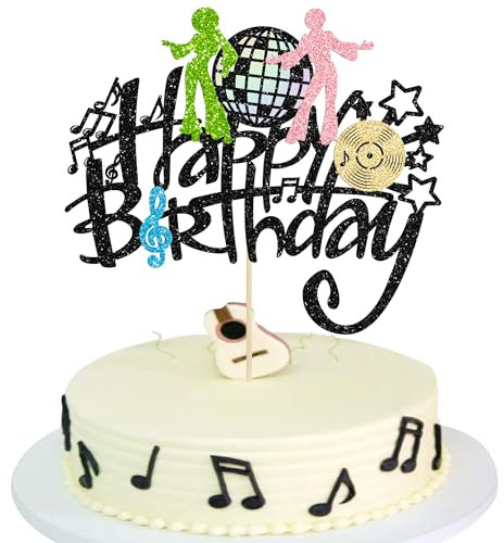 Gyufise 1Pcs Rock Happy Birthday Cake Topper Glitter Music Disco Ball Cake Pick 70's Disco Dancing Rock Cake Decoration for Rock Band Music Concert Theme Birthday Party Decorations Supplies