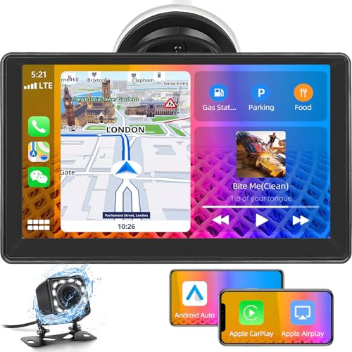 CAMECHO Wireless Carplay Android Auto Portable Car Stereo with Backup Camera, 7” Touchscreen Car Play Screen Car Radio with Bluetooth Hands-Free, USB/EQ/FM/Aux, Airplay, Autolink for 7-32V Car