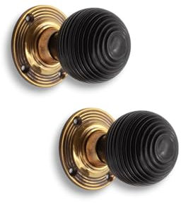 Infinity Decor Ebonised Wooden Beehive Mortice Rim Door Knobs Brass Pull Handles on Unsprung Aged Brass Rose 55mm – Ideal for Interior & Exterior Use