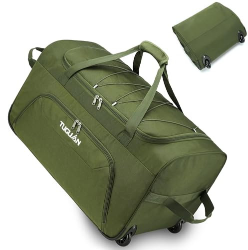 TUGUAN Bolsa de Viaje Plegable con Ruedas Grande 110L Bolsas de Equipo Deporte con Ruedas XL 28'' para Futbol Baloncesto Maletas de Viajes Camping Duffle Bag, Verde
