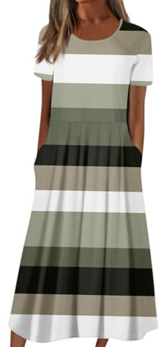 RMBLYfeiye Temu Shop Kleidung Damen Sommerkleid Damen Elegant Abschlusskleid Rot Sommerkleid Midi Rundhals Gestreifter Druck Kurzarm Ballkleider Mit Taschen Oskars Kleid (Minzgrün, S)