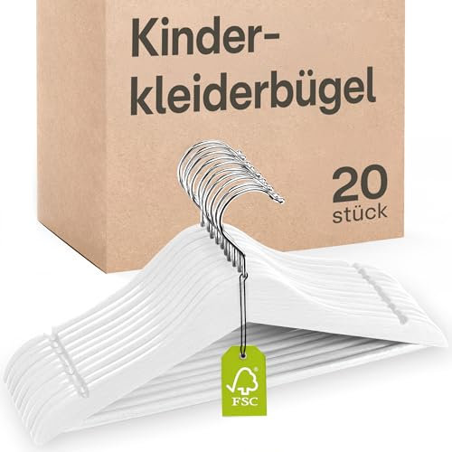 Praknu Kinderkleiderbügel Holz Weiß - 20 stück - 360° Drehbar & rutschfest mit Hosensteg - Natur FSC® Buchenholz Massiv - Kinder