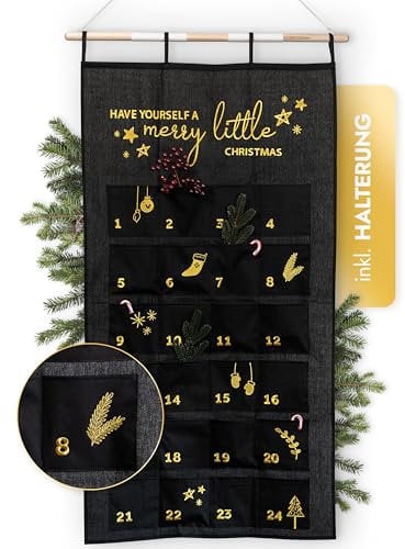AMARI ® Adventskalender zum Befüllen Schwarz/Gold - XXL Wandkalender (70 x 130 cm) mit 24 Fächern zum Basteln für Weihnachten - Adventskalender zum Aufhängen Stoff - Weihnachtskalender