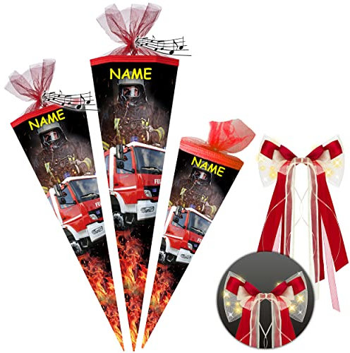 alles-meine.de GmbH Schultüte mit Sound & Geräusch Effekt + Glitzer ! Feuerwehr & Feuerwehrmann 35-85 cm Größe wählbar inkl. Name + LED LICHT - Schleife - Zuckertüte ..