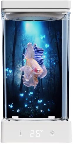 TIHONORI Kampffisch Aquarium - 1,4L Desktop Mini Aquarium Kit mit Bodenablauf, USB-Smart-Temperaturregelung, Einstellbare LED-Leuchten - Tisch-Kampffisch-Aquarium,Fish Tank with Crystal