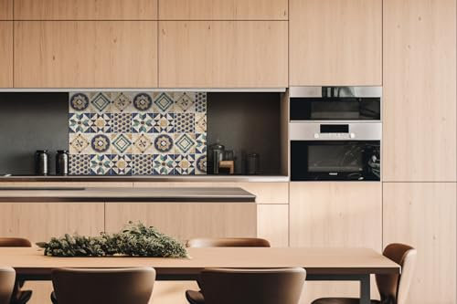 Küchenrückwand Verbundplatte ABSTRAKTE Fliesen BLAU 100 x 60 cm | Spritzschutz Küche für Herd Spüle | Premium Qualität, Alu Dibond, Stärke 3 mm - Made in EU | Inklusive Kleber