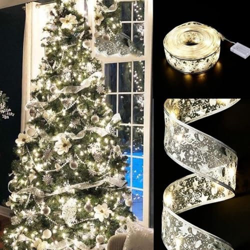 Glänzende Band Lichterkette, Weihnachtsband Lichter, Weihnachtsbaum LED Lichterkette, 5m 50 LED Weihnachtsbaum Band Lichter, Weihnachtsbaum Deko Lichter, Deko Hochzeit, Urlaubsdeko (Silbrig)