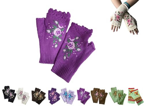 Handgestickt Fingerlose Handschuhe Damen Winter Blumen Stickerei Armstulpen Handschuhe Damen Pulswärmer Strick Handstulpen Kurz Gestrickte Halb Fingerlose Fäustlinge Fingerlose Handwärmer (07)